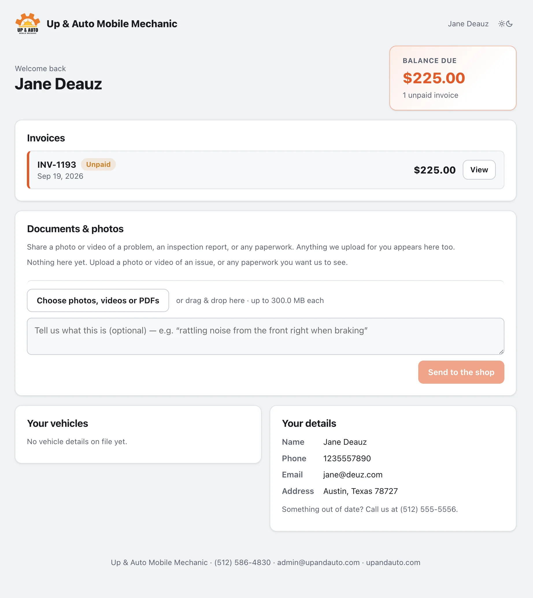 Customer portal showing balance due, invoices, documents and photos, vehicles and details
