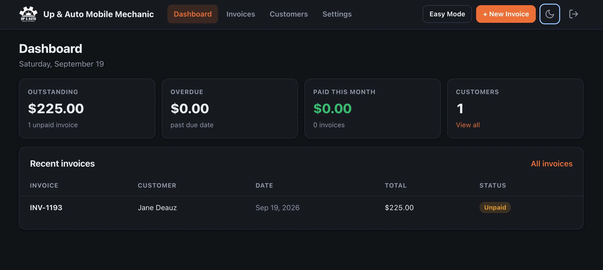 Dashboard in dark mode