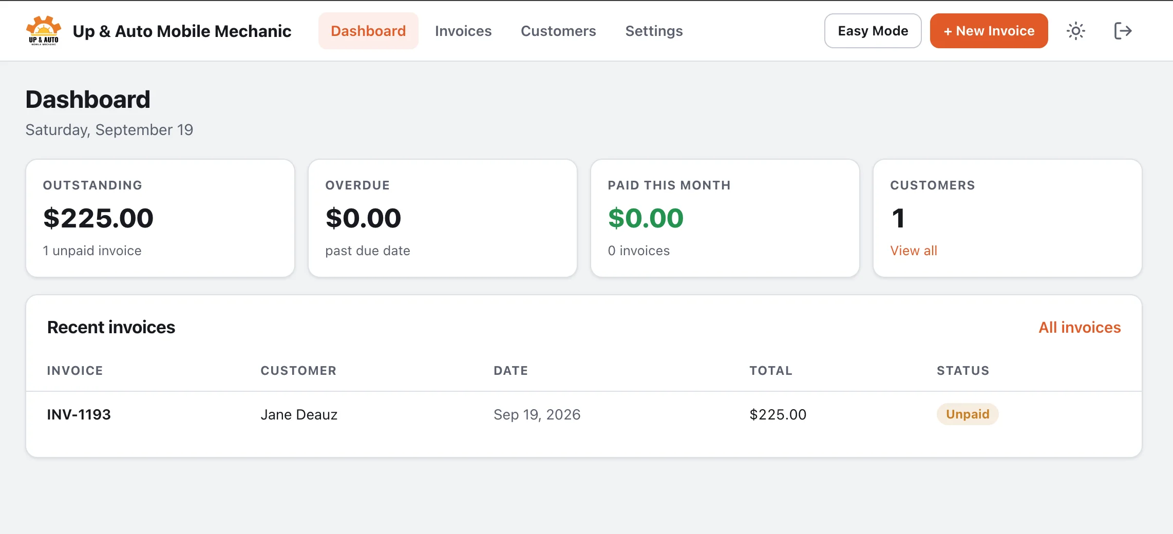 Invoice Sidekick dashboard showing outstanding, overdue, paid-this-month and recent invoices