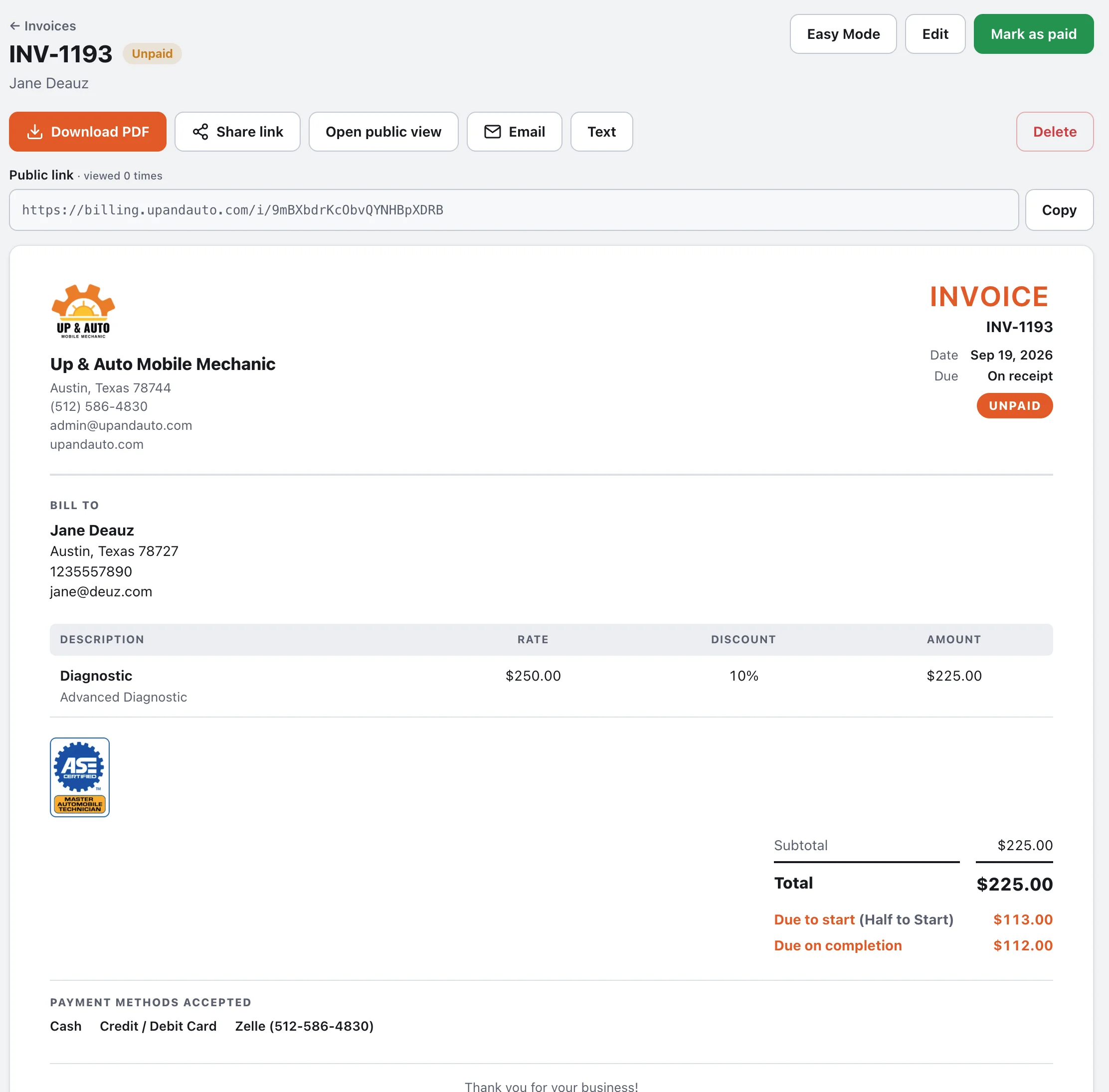 A finished invoice with logo, ASE badge, Half to Start deposit and accepted payment methods