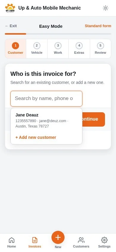 Easy Mode on a phone, choosing the customer