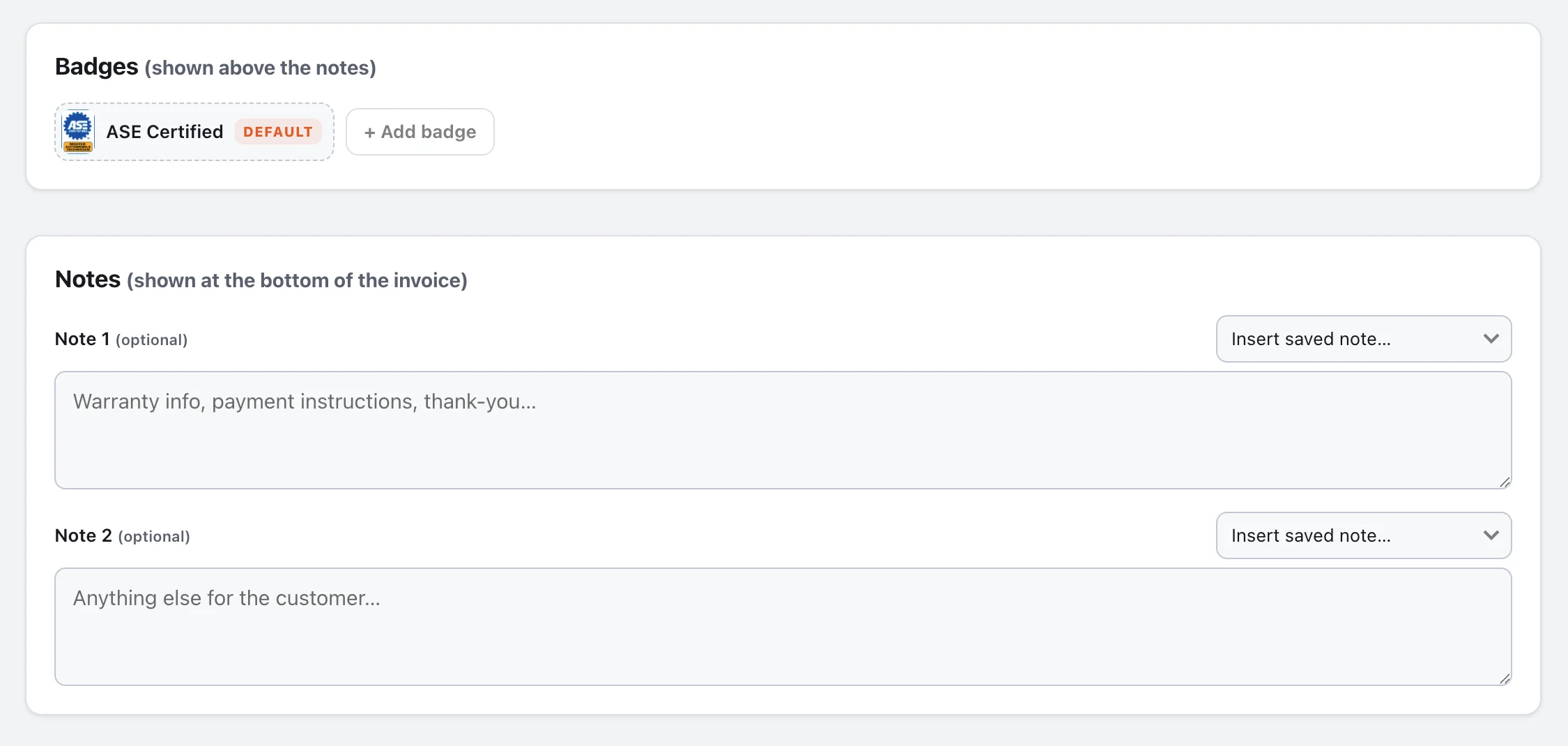 Badges and two note slots with saved-note dropdowns