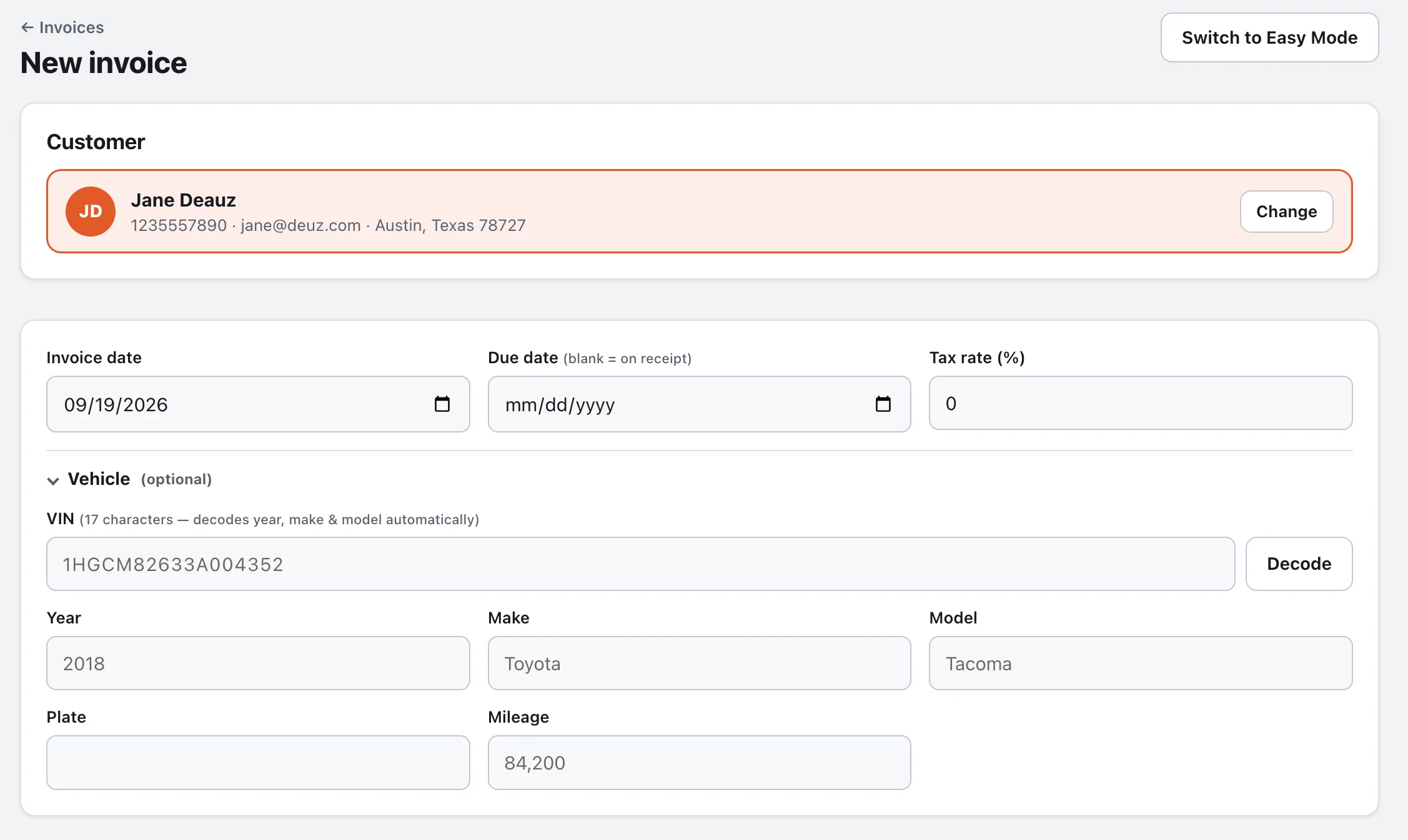 Standard editor: customer, dates, tax and vehicle with VIN first