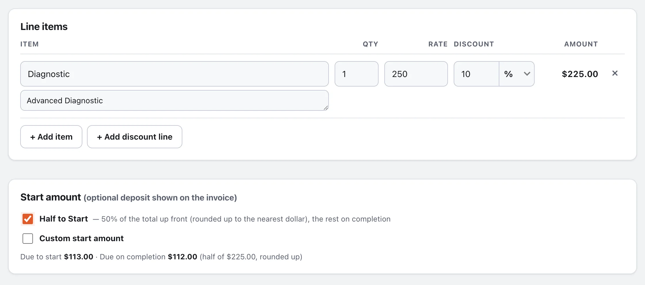 Line items with per-line discount and the Half to Start option