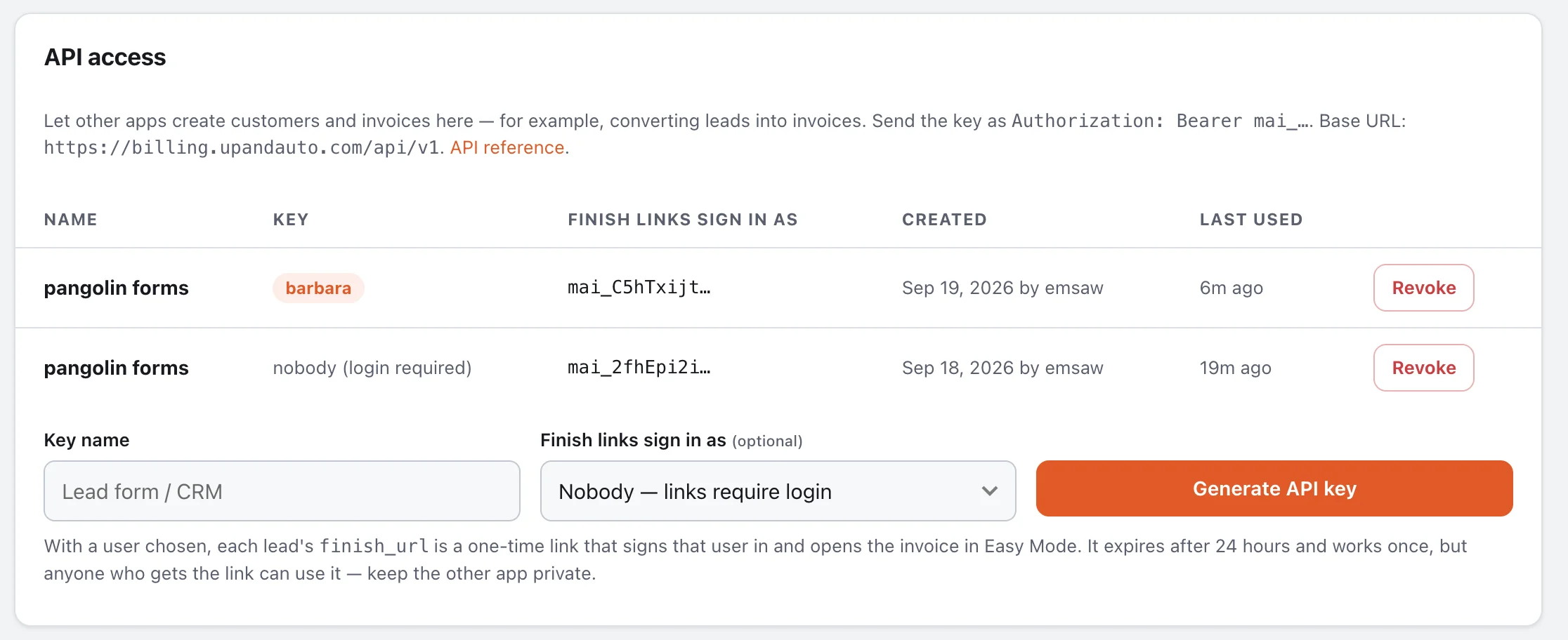 API access settings with keys and sign-in-as user