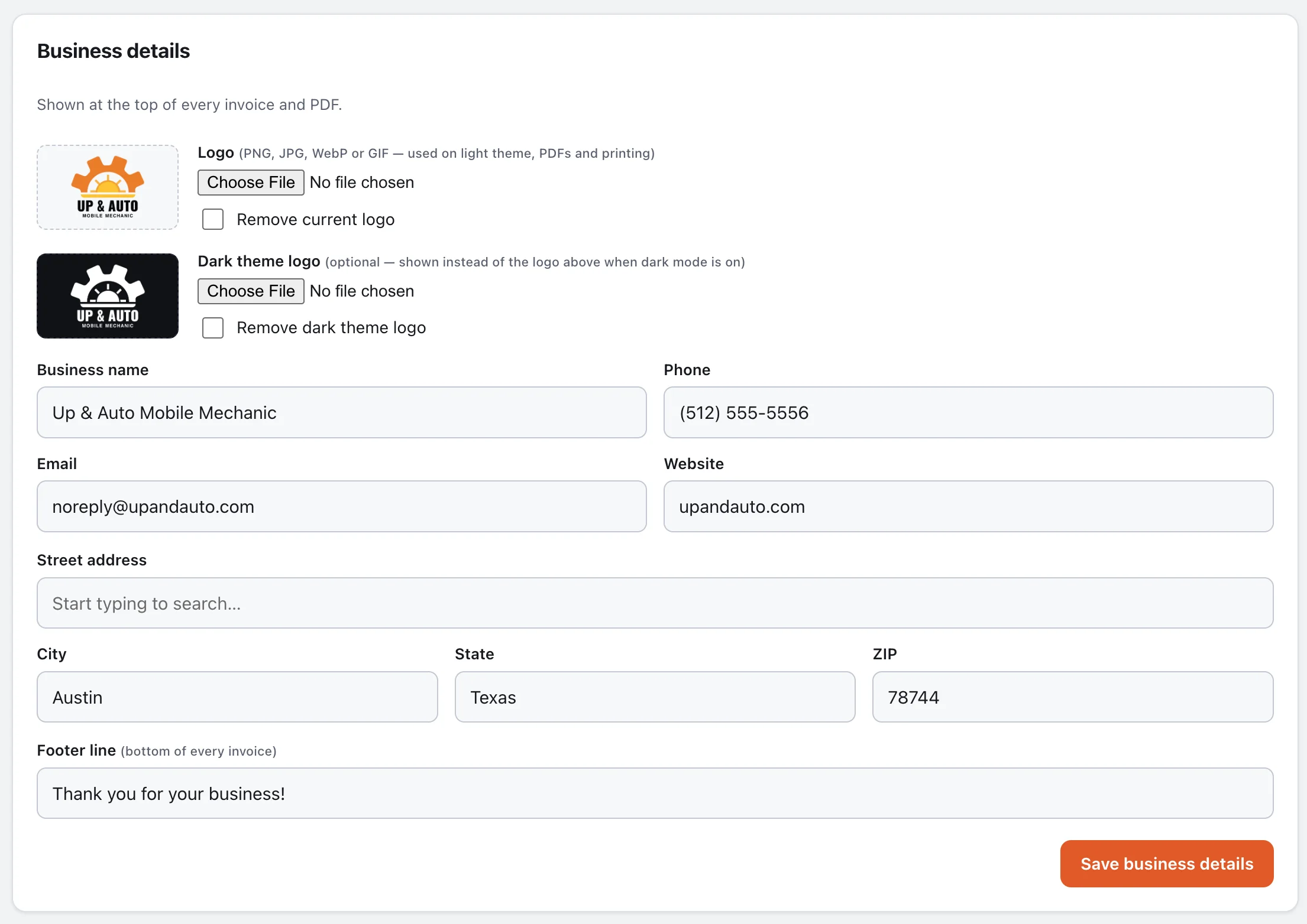 Business details settings with logo uploads