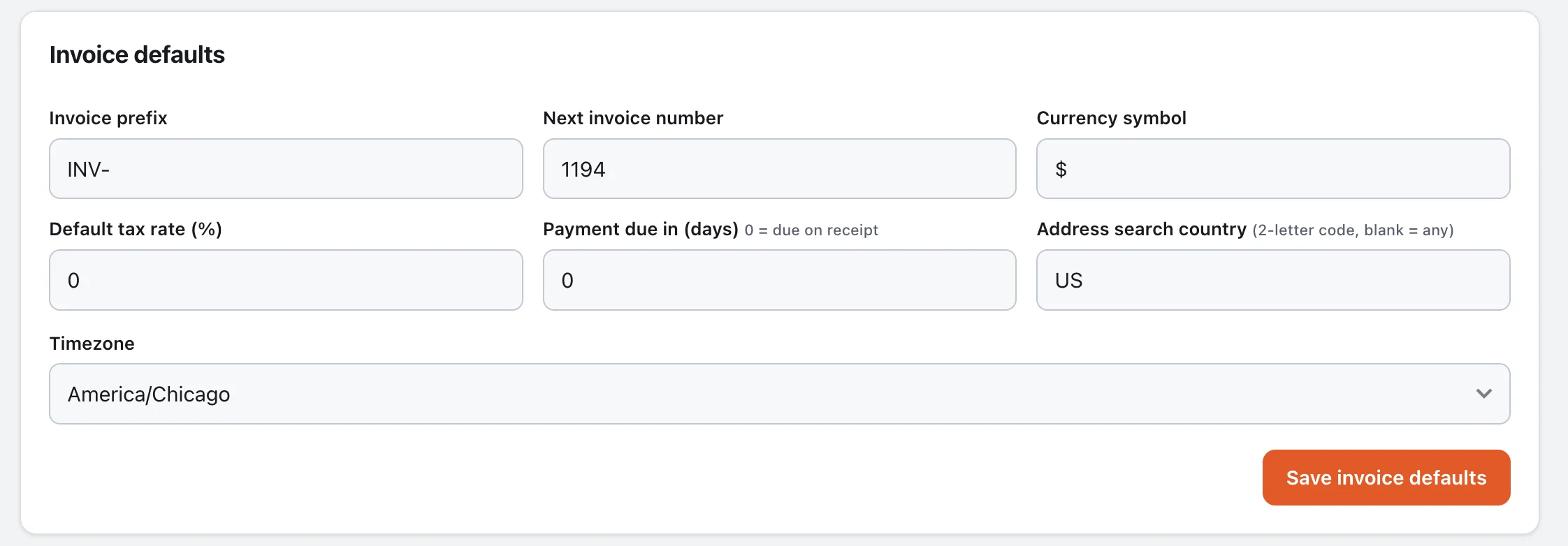 Invoice defaults: prefix, numbering, tax, due days, currency