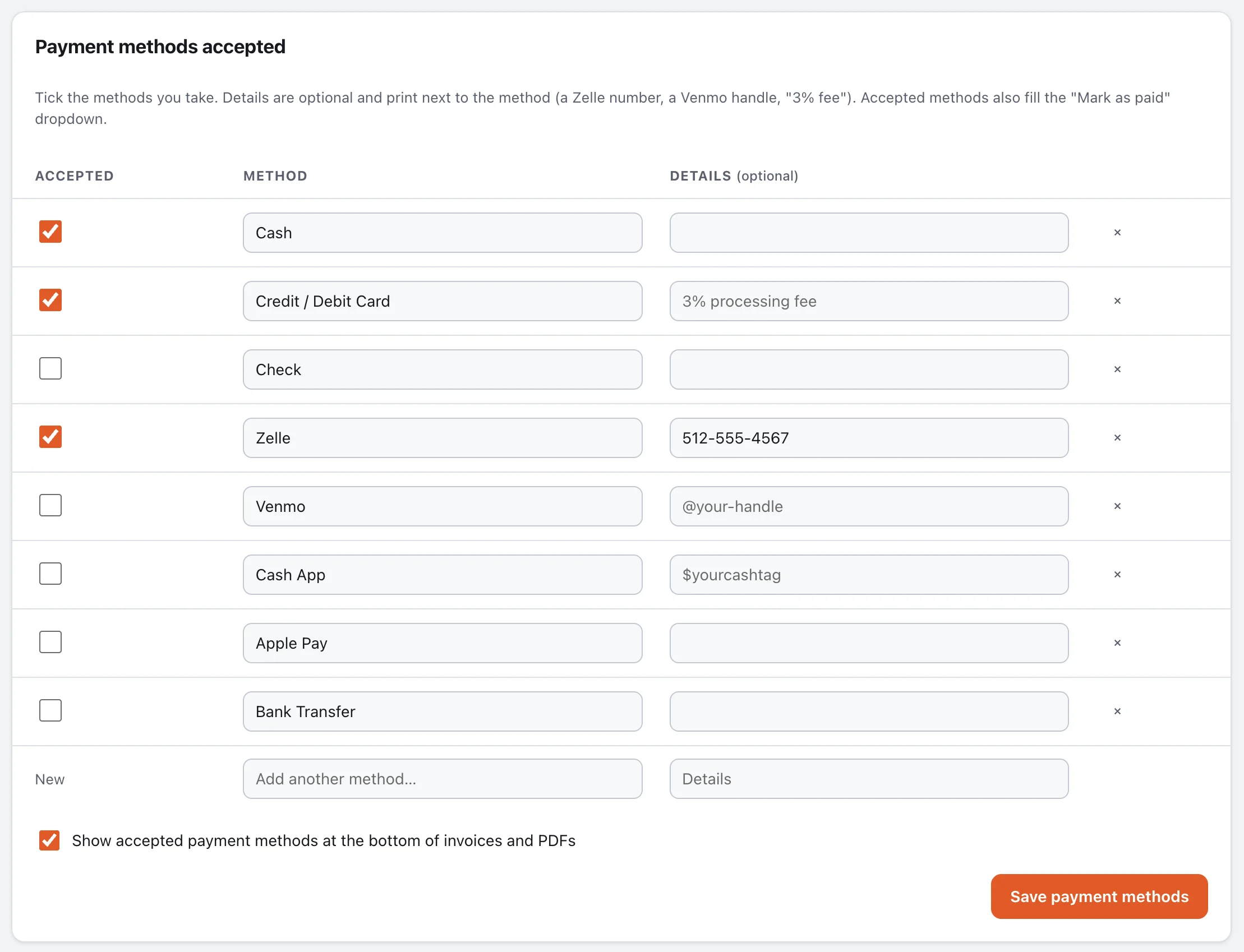 Payment methods accepted settings