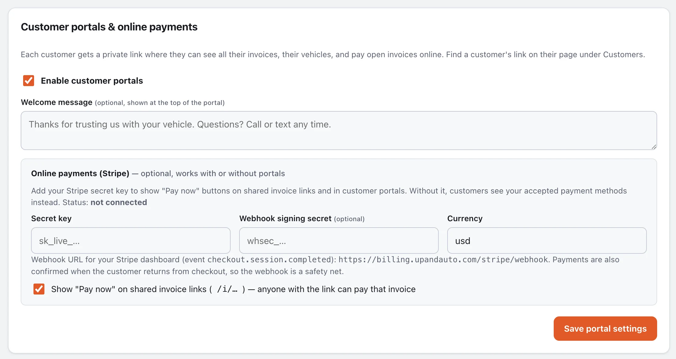 Customer portal and Stripe settings
