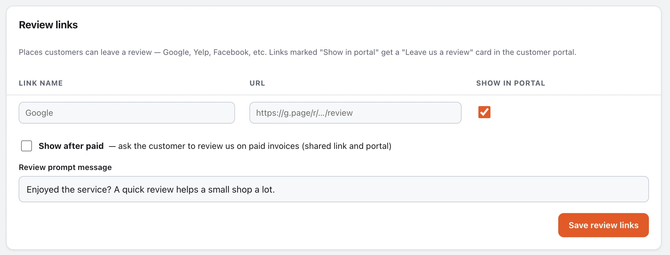 Review links settings